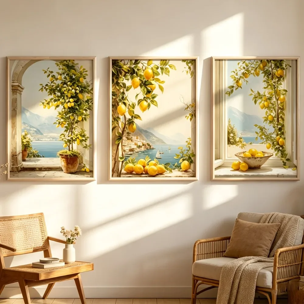 3PCS Large-sized frameless canvas paintings,3pcs Frameless,Lemon Tree Seaside Landscape Painting Wall Art Decor,Summer Fresh Lan