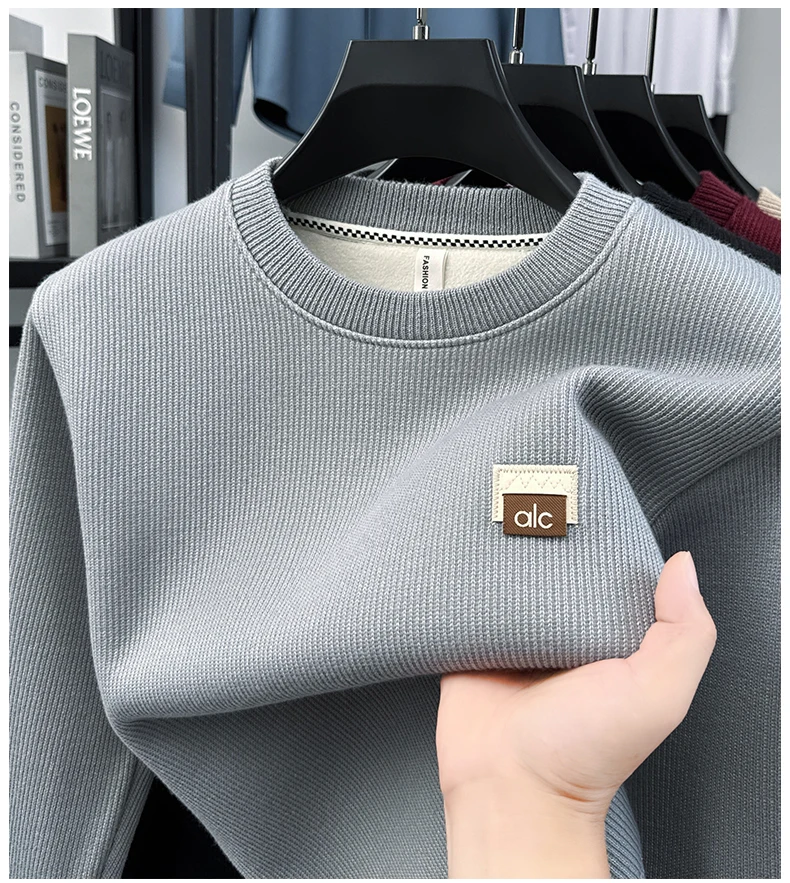 

2025 зимний новый бархатный утолщенный свитер, мужской вязаный свитер с круглым вырезом, однотонный повседневный базовый свитер, свободный топ