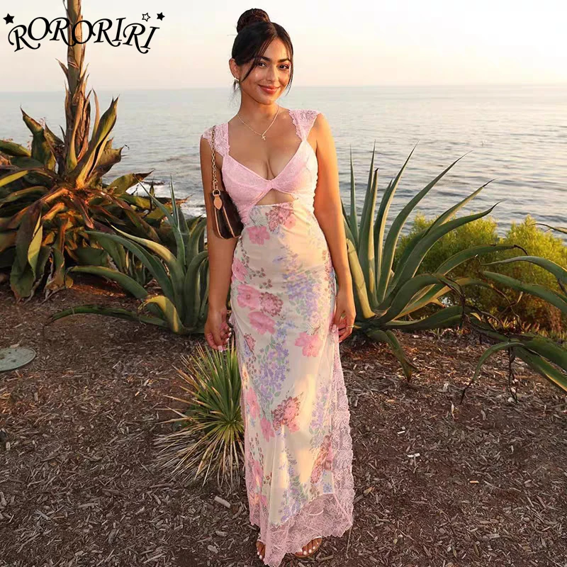 

RORORIRI Desire Lace Stitch Floral Tank Dress Women V-neck Cut-out Backless Sexy Bodycon Split Long Dress Beach Holiday Clothes