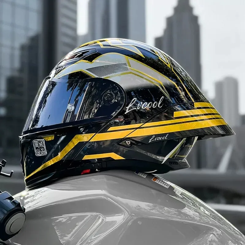 Motorcycle Full Face Helmet for Men Women, DOT Certified Racing Helmet, Black Yellow Geometric Pattern Street Bike Safety Helmet
