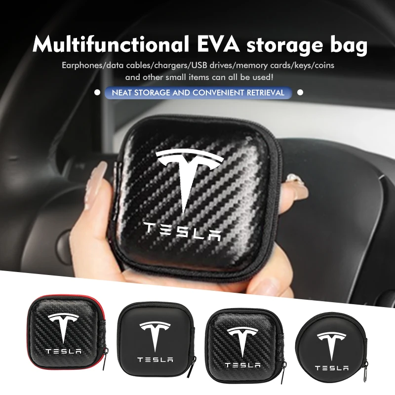 Car Carbon EVA Storage Bag Round Holder Zipper Case Box For Tesla Model Y 3 S X Roadster Bonina