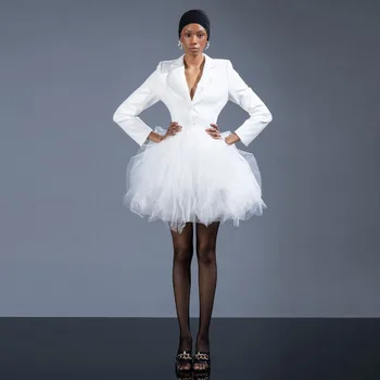 Weiße, dehnbare, kurze Damen-Blazerkleider von High Street mit gerafften Tülldetails, modische kurze Damen-Maxikleider