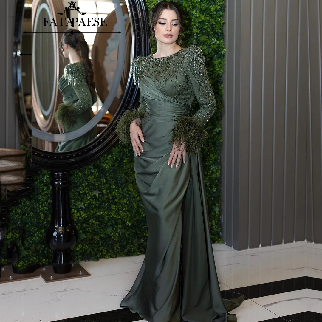 Elegant Dark Green Mermaid Evening Dress Sparking Bodice Full Sleeve Feather Ruched Satin Skirt Special Formal Occasion Gown