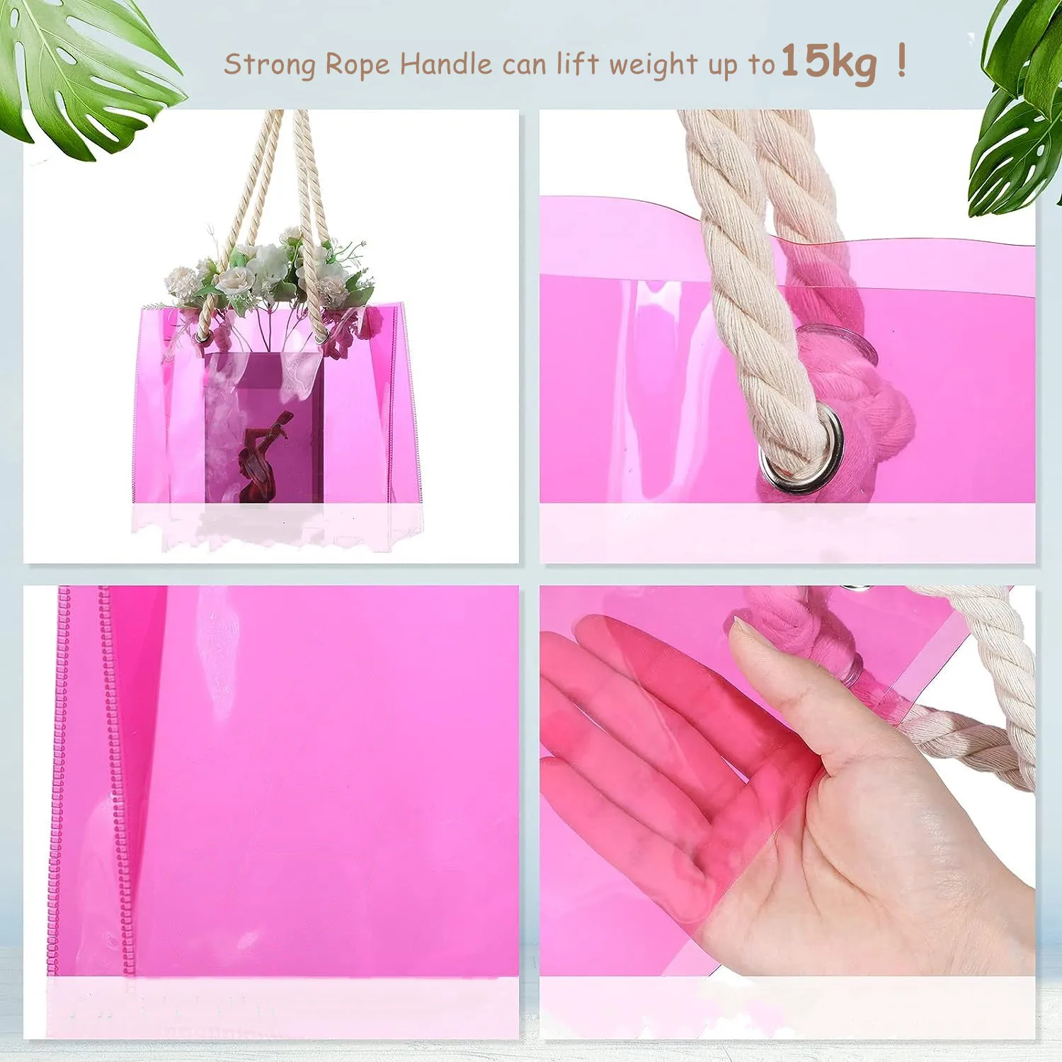 4 Pieces Pink transparent PVC beach tote Party gift bag large capacity portable Swimming Shopping bag