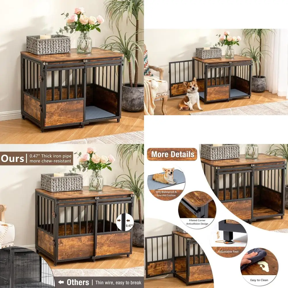 

32 Inch KOOPRO Dog Crate Furniture with Cushion for Large and Medium Dogs, Wooden Heavy Duty Kennel with Double Doors, Decorativ