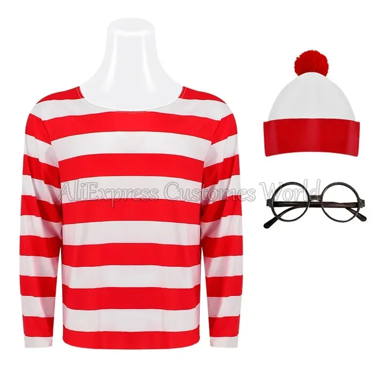 EE01 Unisex Wheres Waldo Cosplay Costume Wally Cos Red White Striped Shirt Shirt Glasses Hat For Adults Christmas HalloweenIo0！