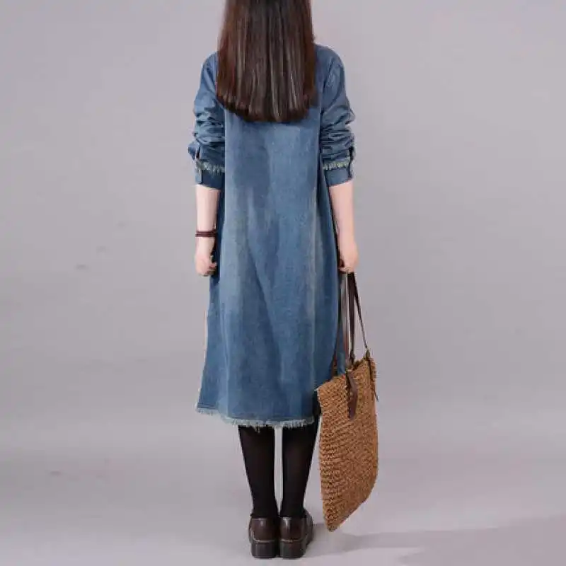 2025 Autumn New Style Distressed Blue Denim Dress Korean-Style Women Vintage Plus Size Loose Crew Neck Washed Long Sleeve Dress