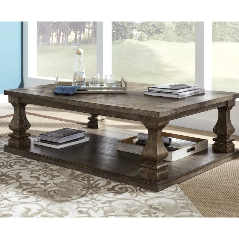 

Farmhouse coffee table, grey weathered veneer wood coffee table for living room, office and balcony