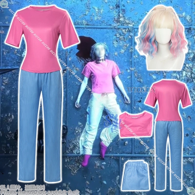 Kostum Cosplay Film Anime Enid Happy Prank Day Kaus Merah Muda Kawaii Manis Celana Biru Piyama Pesta Halloween Horor