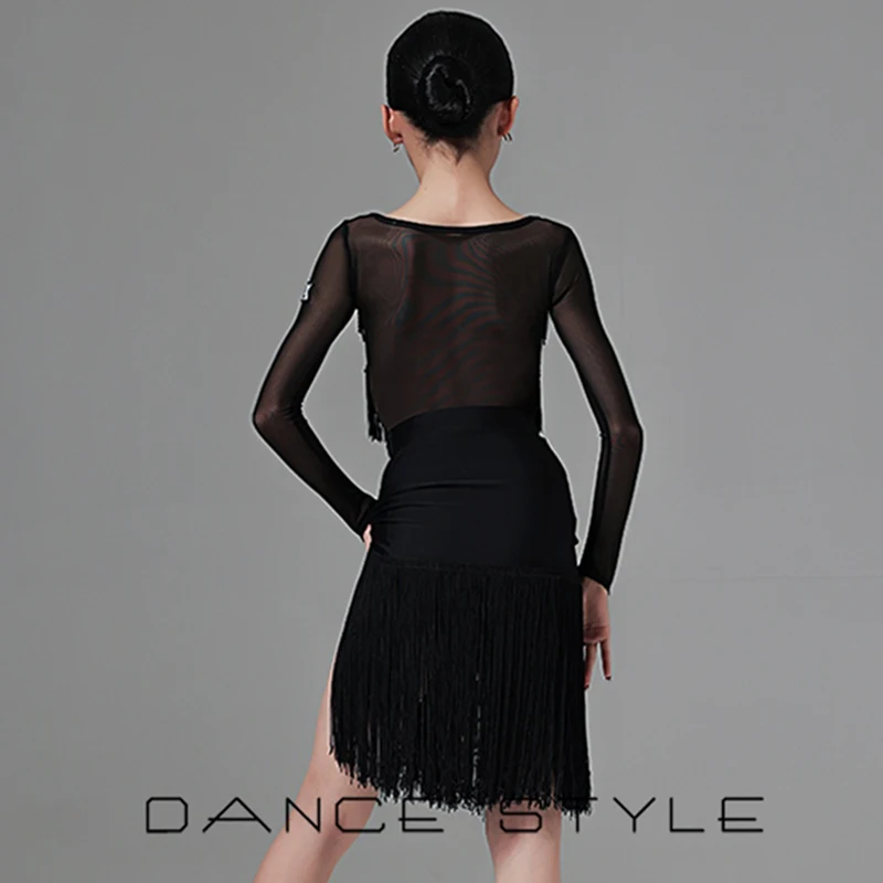 Black Latin Competition Dance Suit Girls Rumba Samba Dance Performance Clothing Chacha Dress Kids Bodysuit Tassel Skirt YS5358