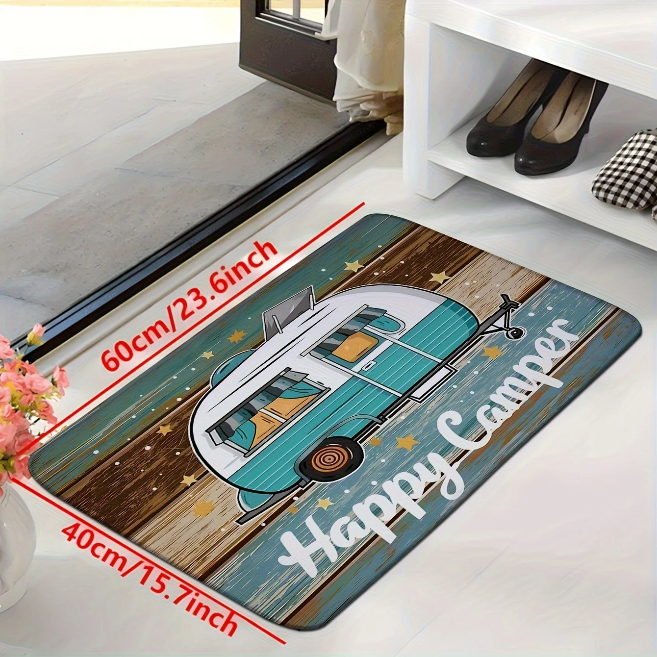 Retro Happy Camper Shaped Rug Vintage Wood Grain Travel Trailer Star Print Non Slip Floor Mat for Entryway Camping Home Accent