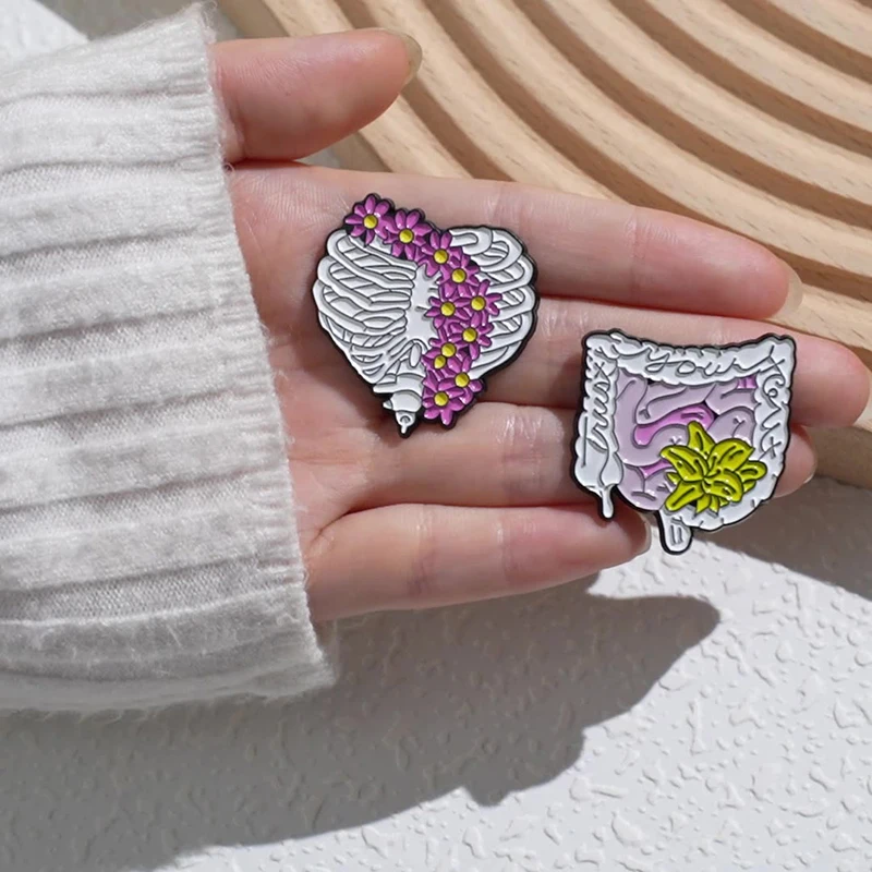 창의적인 해골 근육 장 내부 이미지 브로치 핀 귀여운 꽃과 장기 에나멜 브로치 코사지 금속 합금 장신구 액세서리