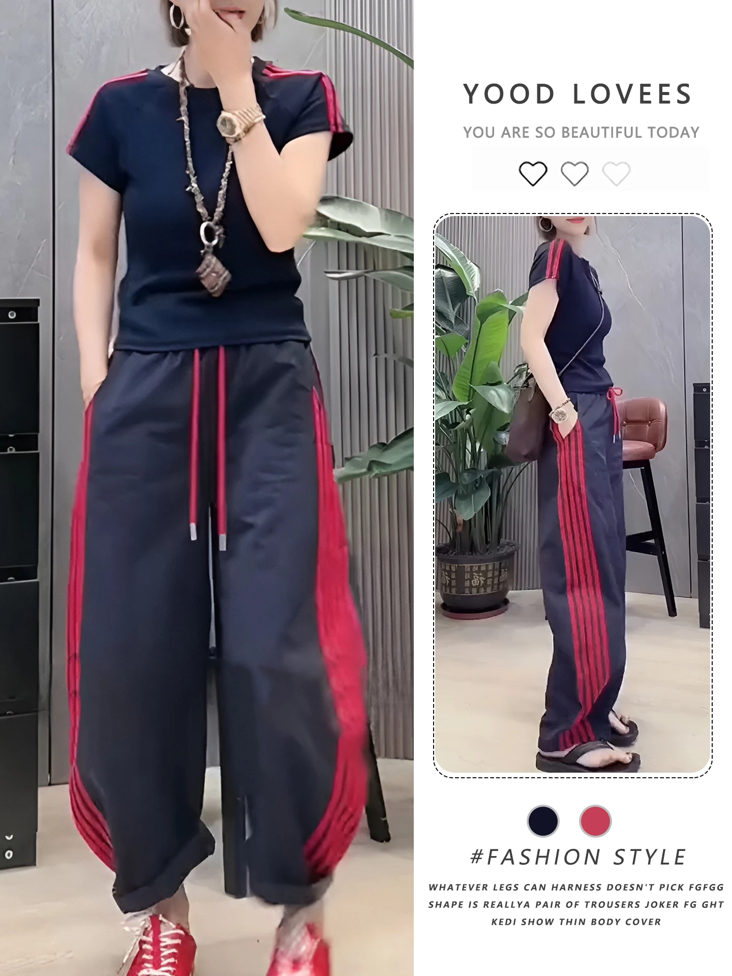 

Summer 2026 Women's Fashion Striped T-Shirt Top with Belted Wide Leg Pants Two Piece Set High Waist Casual Commute Style