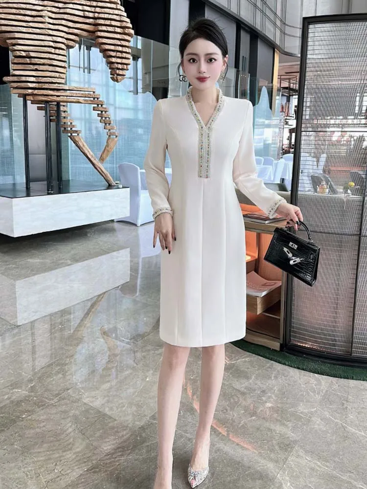 ZJYT Designer Women's Elegant Autumn Dresses Long Sleeve Beading V Neck Brief Solid White Black Party Dress Office Lady Vestidos