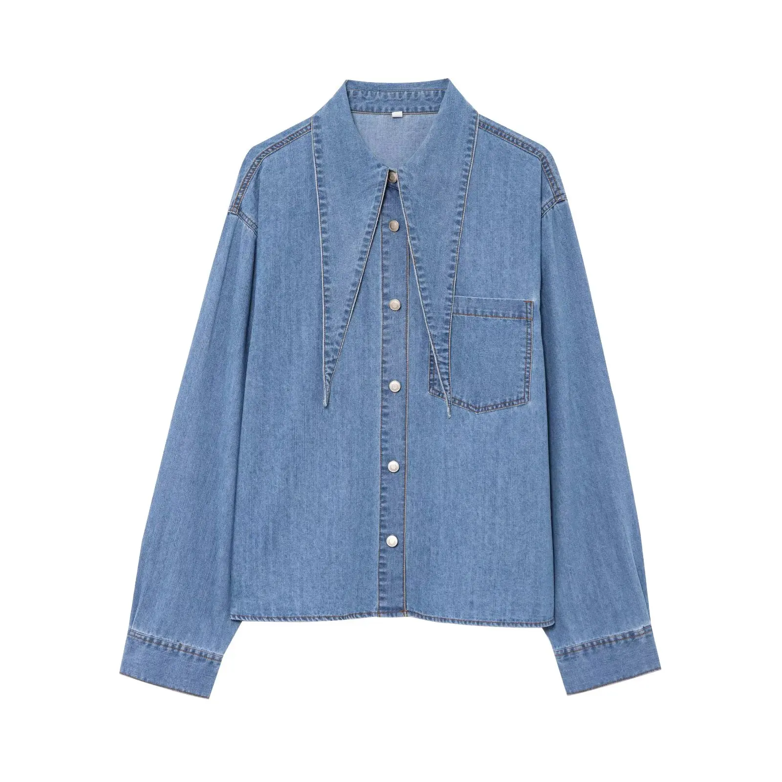 

PB&ZA2025 Summer new women's lace up long sleeved retro lapel casual loose neckline bow decoration denim shirt jacket