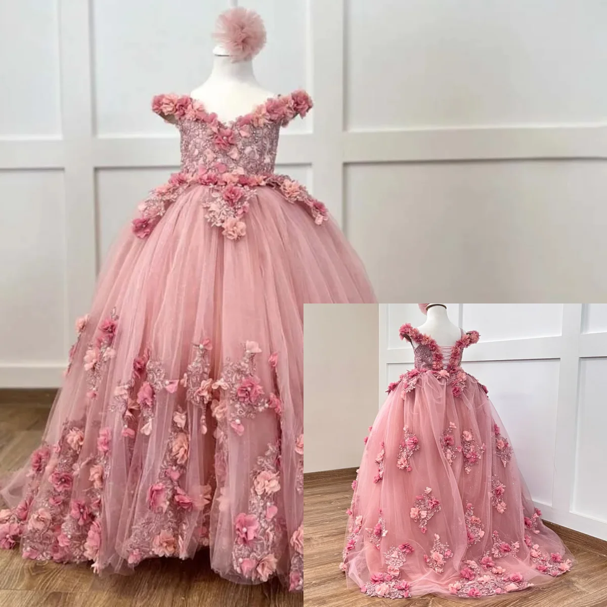 

Rose Pink Lace 3D Flower Girl Dress Sweetheart Long Princess Girl for Wedding Bridesmaid Birthday Party First Communion Dress