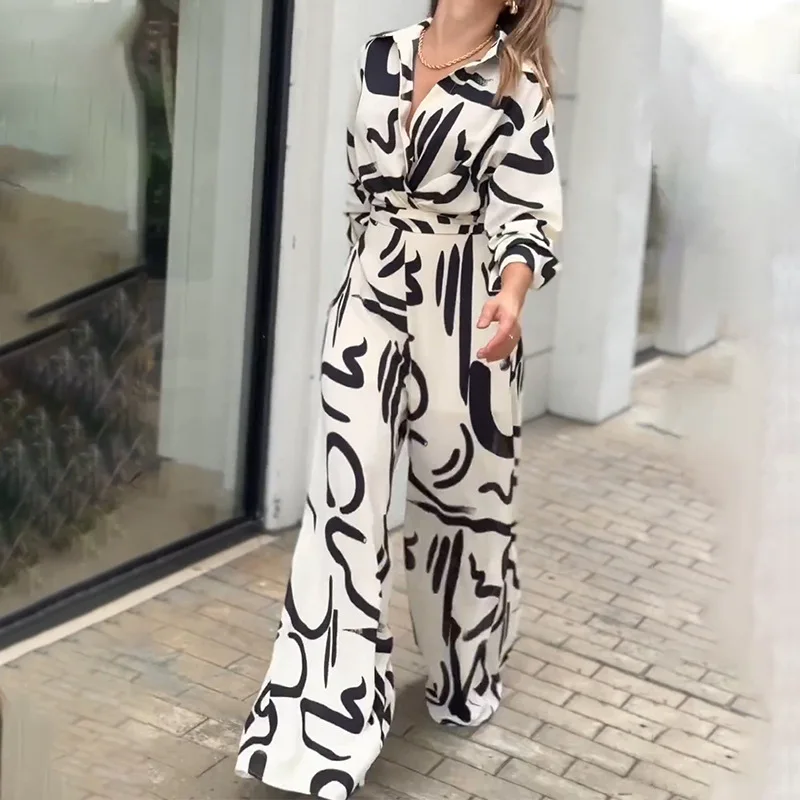 

Elegant High Waist Print Jumpsuit For Women Fashion Lapel Long Sleeved Buttoned Wide Leg Jumpsuit 2024 Autumn New Lady Commuting