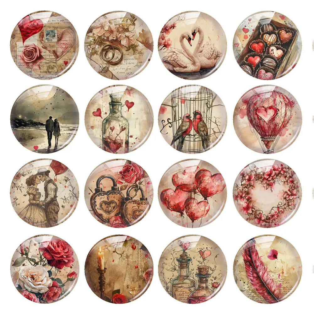 Random Mixed Round/Oval/Square Retro Valentine's Day Love Heart Photo Glass Cabochon Flatback Demo Cameo For Diy Jewelry Making