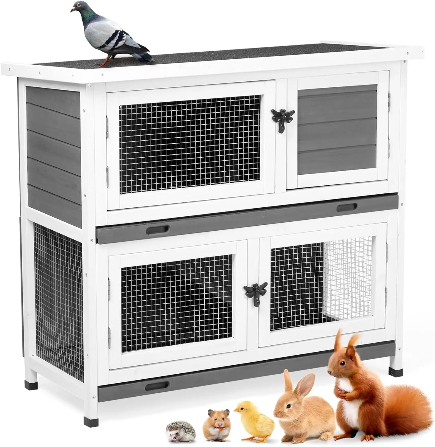 

Rabbit Hutch, Small Wood Chicken Coop, 36" Guinea Pig Cage w/2 Rooms, 2 Pull-Out Tray, Waterproof Asphalt Roof, Ventilator Door