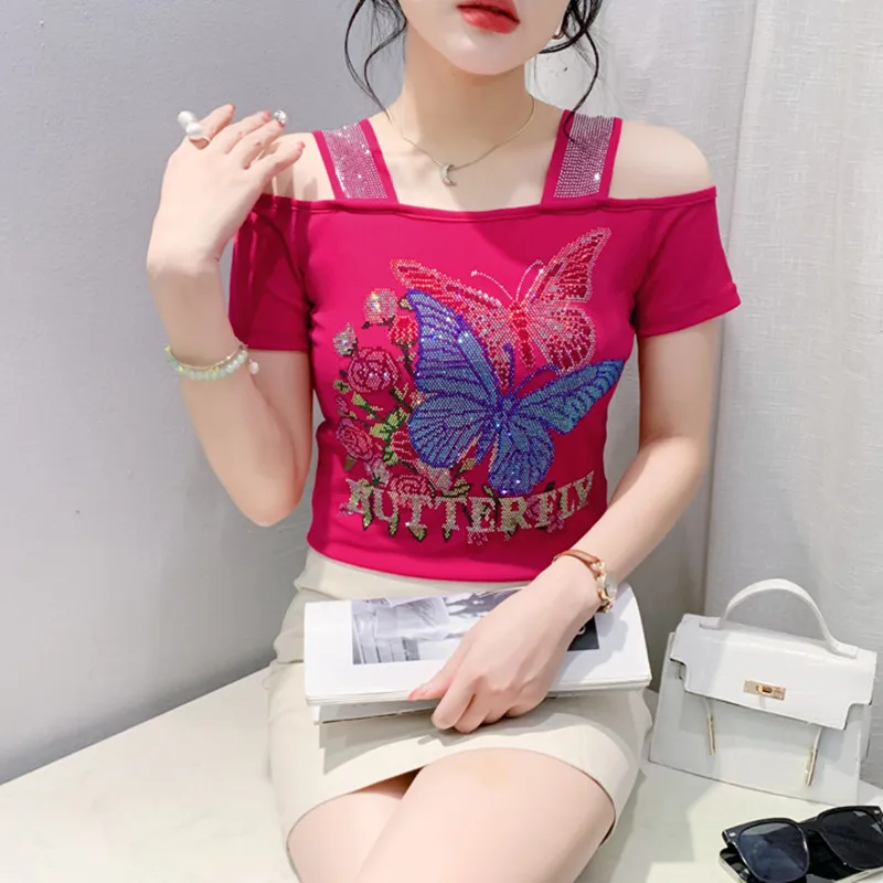 2024 New Summer European Clothes T-Shirt Women Sexy Off Shoulder Fashion Butterfly Shiny Diamonds Slim Tees Tops