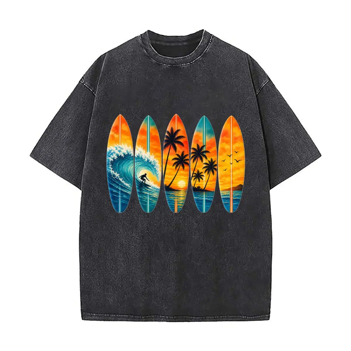 Tropical Surfboard Collage Sunset Wa Washed Distressed Loose Streetwear Tops for City Walks