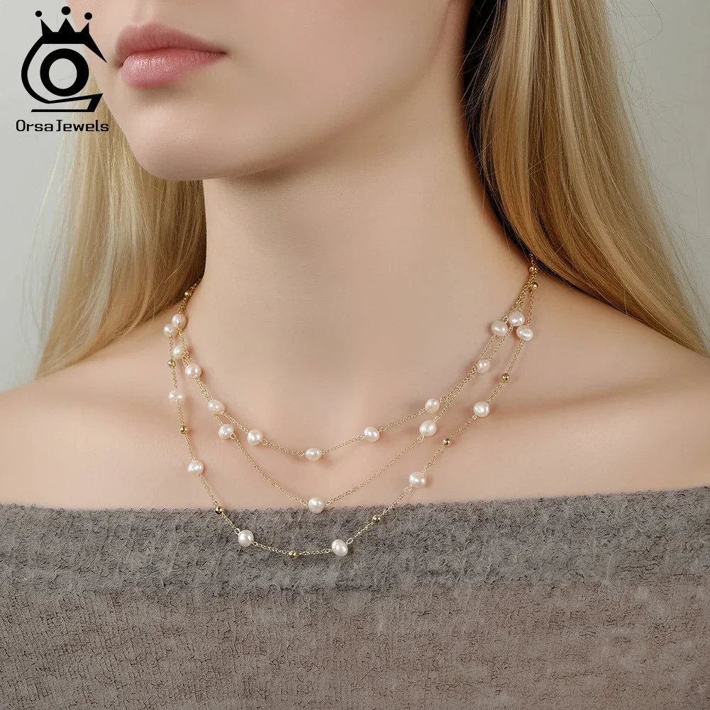 

ORSA JEWELS Multi-Layer S925 Silver Necklace with Natural Pearls for Women Trendy Pearl Choker Chain Party Jewelry GPN89