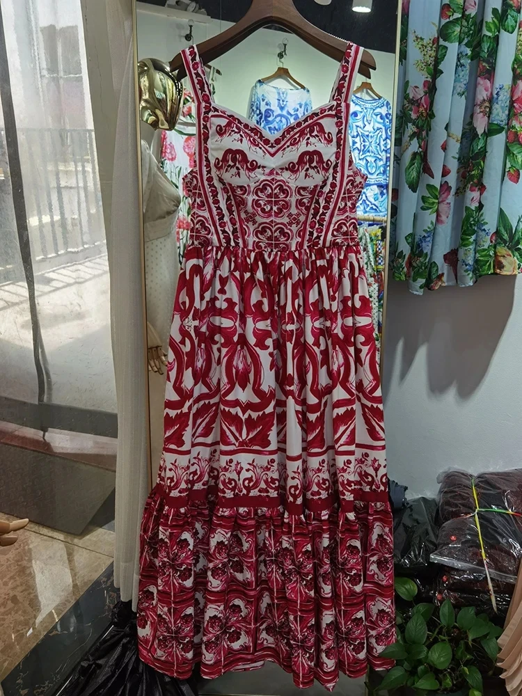 

Fashion Runway Spaghetti Strap Dress Summer Women Red Porcelain Printing Vestidos Party Vacation Elegant Lady Expansion