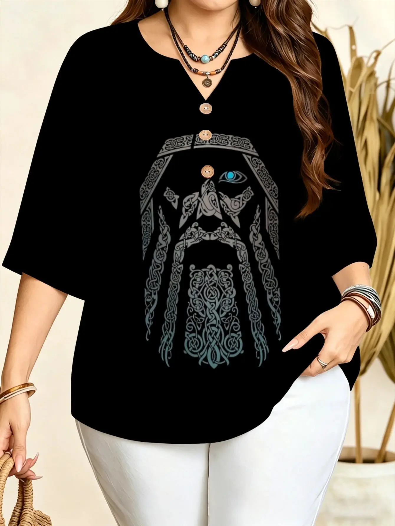 Wild Bear Nature Women Blouse Mountain Pine Forest Viking Totem Castle Graphic Notch V Neck Decor Button 3/4 Sleeve Tops