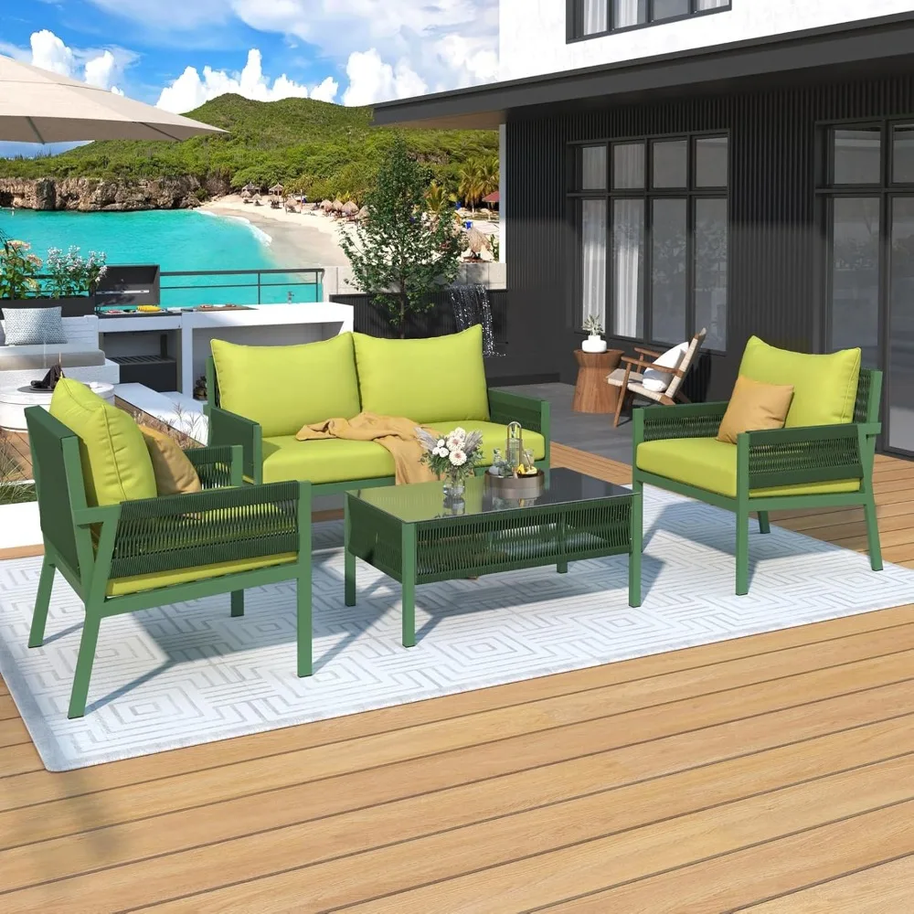 

4-Piece Rope Patio Furniture Set, All-Weather Outdoor Patio Conversation Set Deep Seating with Thick Cushion All-Weather Outdoor