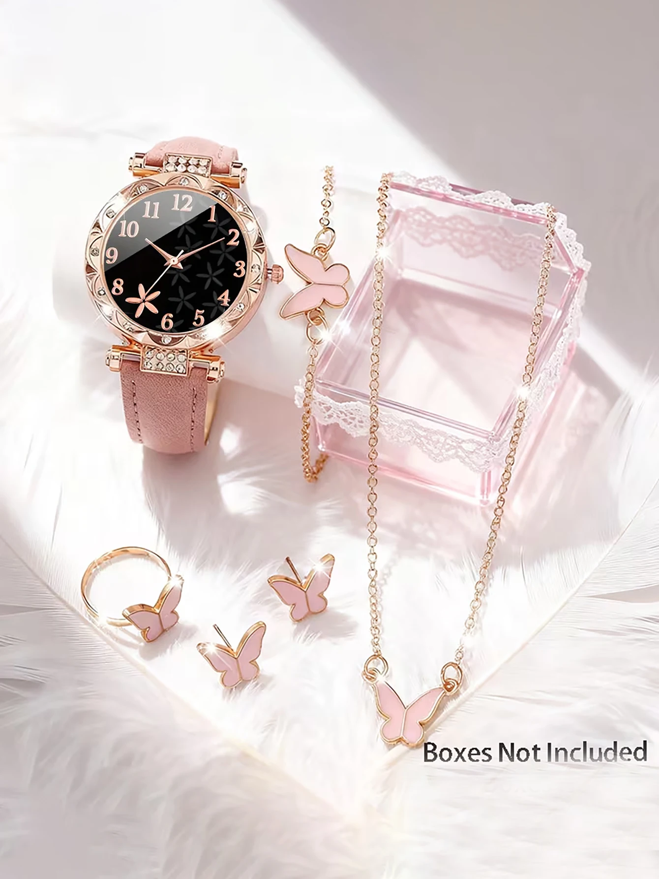 Ladies Casual Fashion PU Leather Quartz Watch And Beads Butterfly Set Birthday Gift Butterfly Element Design No Box Included