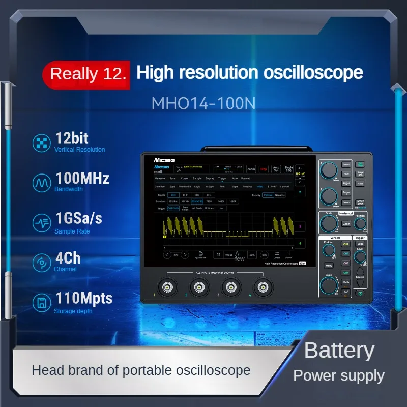 MHO14-100N MHO14-200N Mobiele 4-kanaals Touch Tablet DSO 100-200 MHz Bandbreedte 1 GSa/s Bemonsteringssnelheid 110 Mpts Geheugen 12-bit