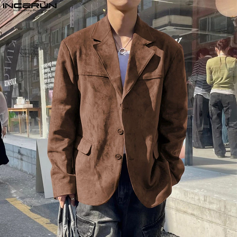 INCERUN Stylish New Men's Tops Solid Suede Patchwork Design Suit Coat Handsome Male All-match Simple Long Sleeved Jackets S-5XL