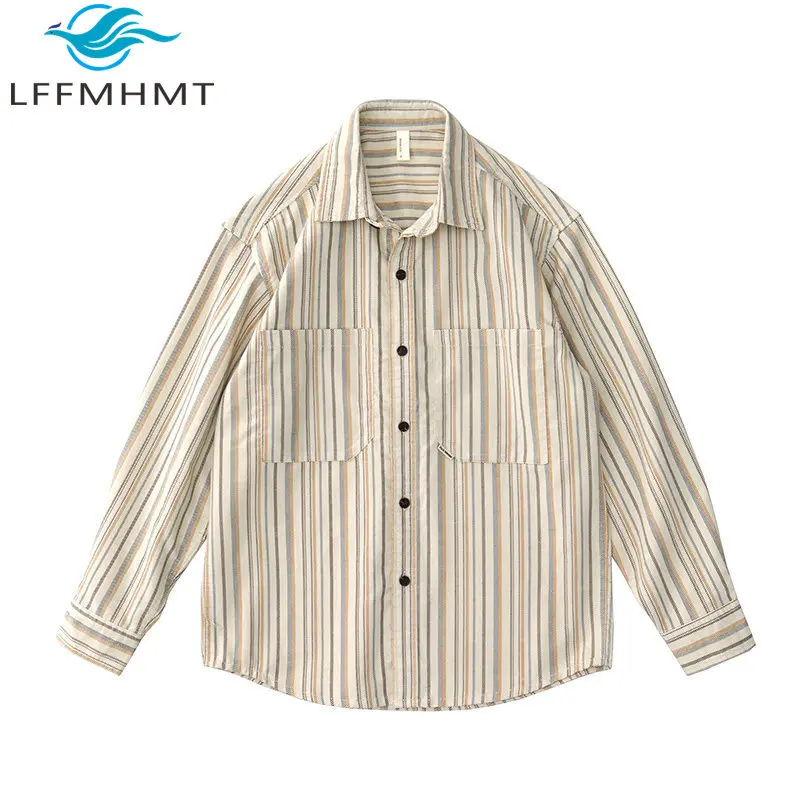 Men Japanese Vintage Artistic Casual Loose Corduroy Color Block Striped Long Sleeve Shirt Button Up Layering Autumn Daily Tops