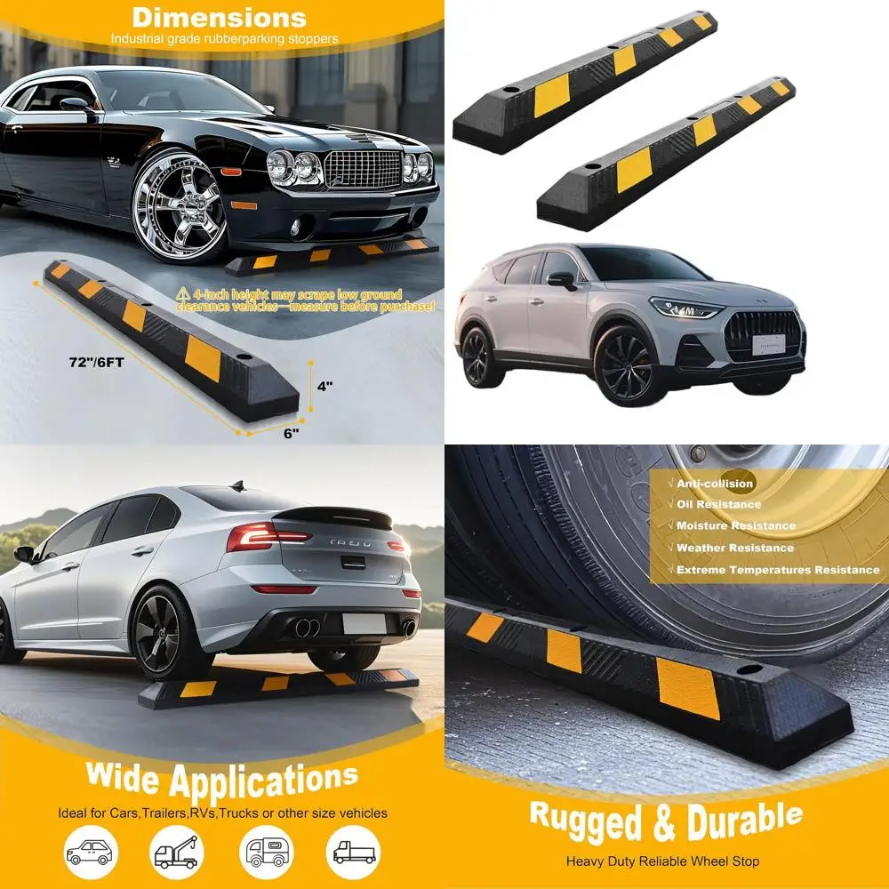

6-Foot Long Heavy-Duty Rubber Wheel Stopper with Reflective Stripe, UV-Resistant for Driveway and Garage Safety (2-Pack)