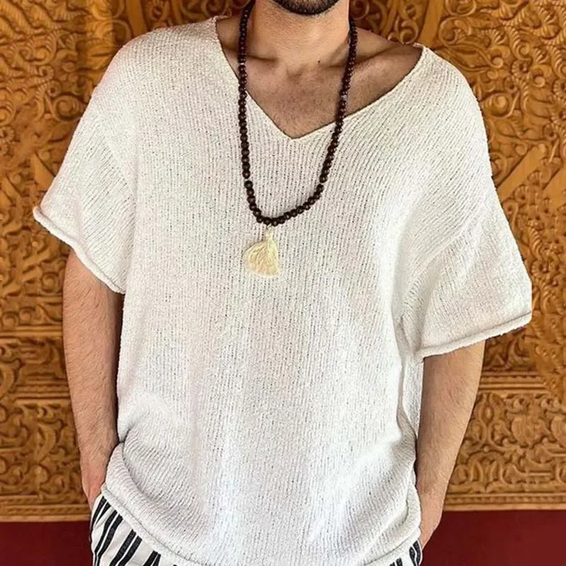 Mens Top Summer New Knitwear White V-neck Short Sleeved T-shirt for Men