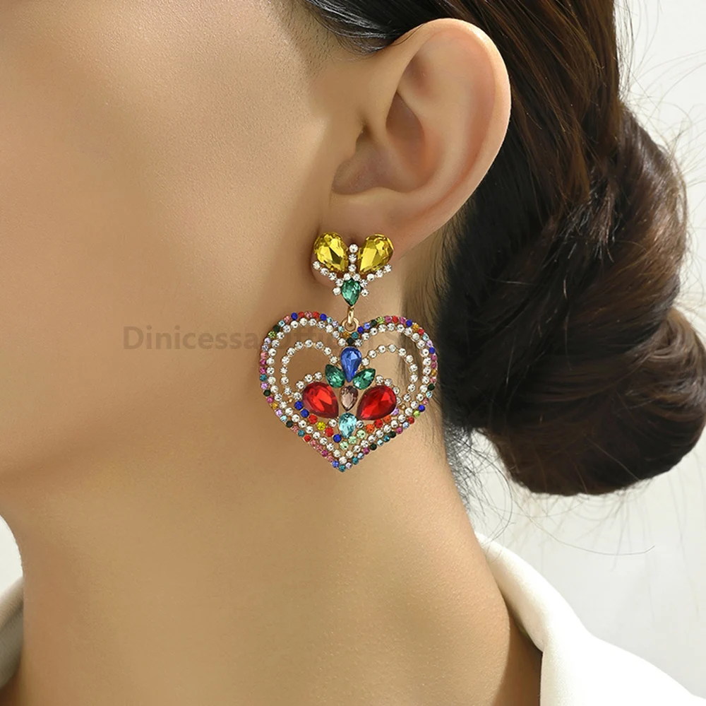 Multicolor Heart Crystal Female Charm Romantic Wedding Party Jewelry Trend Luxury Ear Accessories Unusual Dangle Drop Earrings