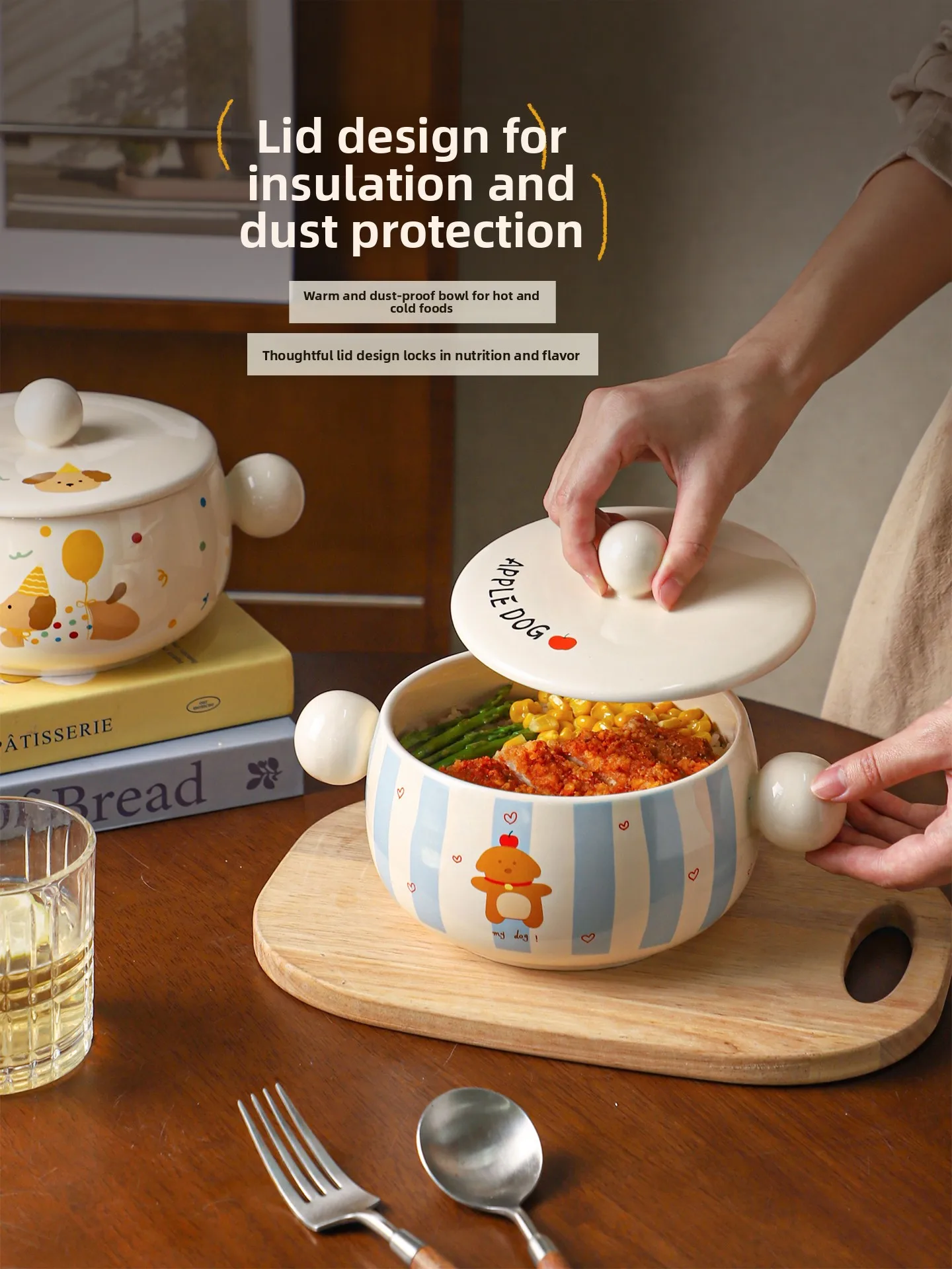 

Cute Cerc Soup Bowl with Lid Double Earled Noodles Bowl Heat Resistant Anti Scalding Student Special Bowl Dining l Serv...