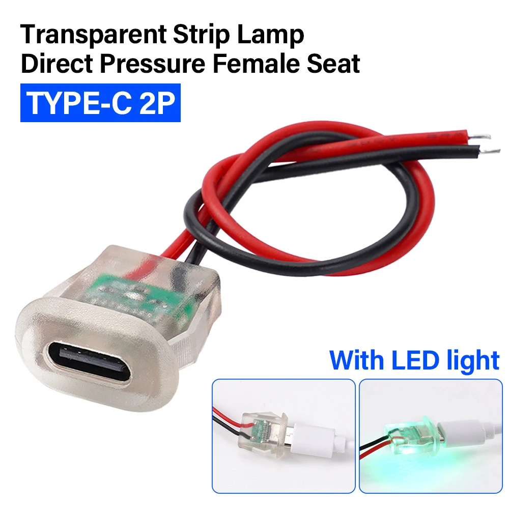 

2pin USB-C power connector tinned copper wire end female connector USB Type-C 5A input charging socket with LED light