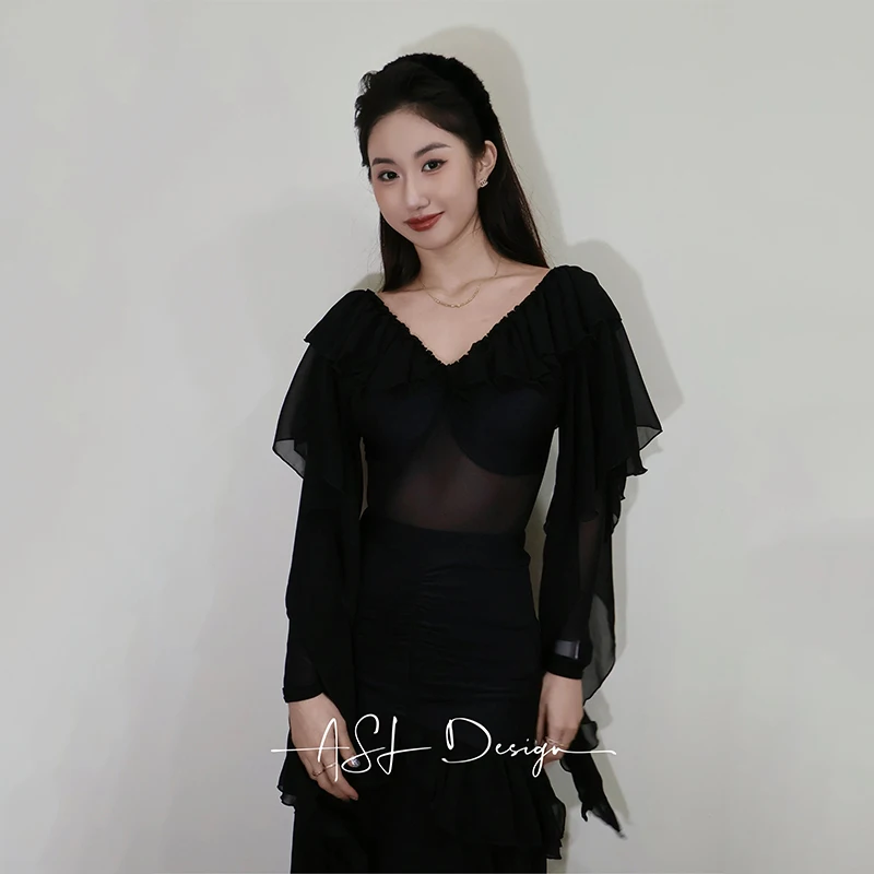 Drijvende Mesh Ballroom Dans Tops Lange Mouwen Zwarte V-hals Maillots Volwassen Vrouwen Latin Dans Kleding Wals Praktijk Slijtage BL18207