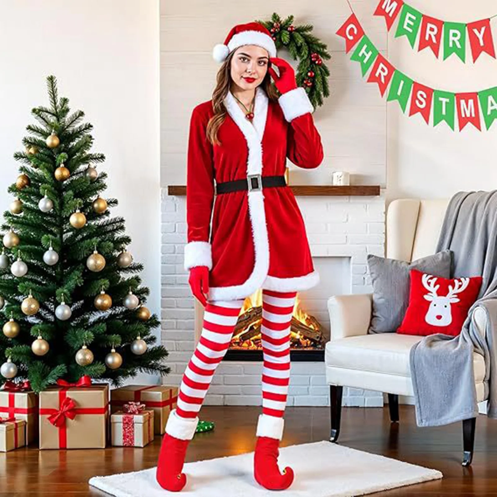 Costume de jeu de rôle de noël pour femmes, en velours doré, à capuche, robe de spectacle, jupe de noël d'hiver