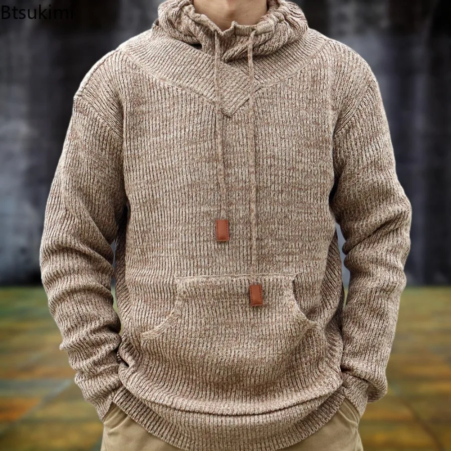 

2024 Men's Warm Knitted Sweaters Solid Turtleneck Drawstring Long Sleeve Knitted Pullover Tops Mens Autumn Winter Sweater Hoodie