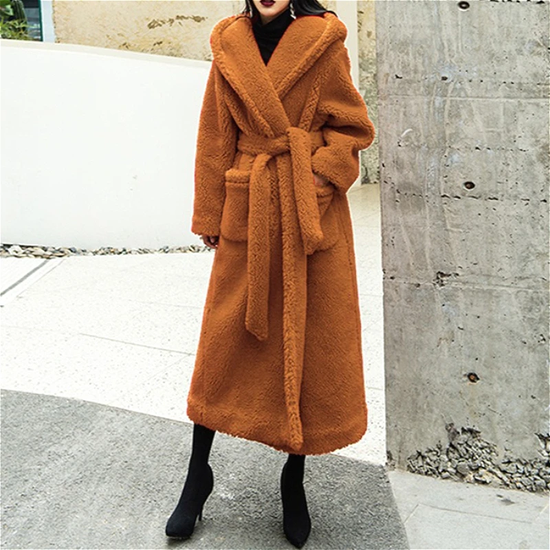 Women Faux Fur Coats Solid Long Fur Jackets Lace Up Pocket Hooded Long Sleeve Thick Warm Fur Loose Fit Casual 2025 Autumn Winter