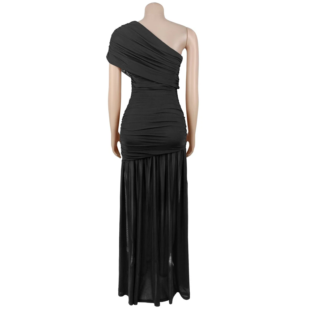 Sommerliches Damen-Abendkleid: Sexy One-Shoulder-Maxikleid mit Raffungen, Mesh-Einsatz, Metallschnalle, hohem Schlitz und plissiertem Saum – Partykleid 2026 – Detail 14