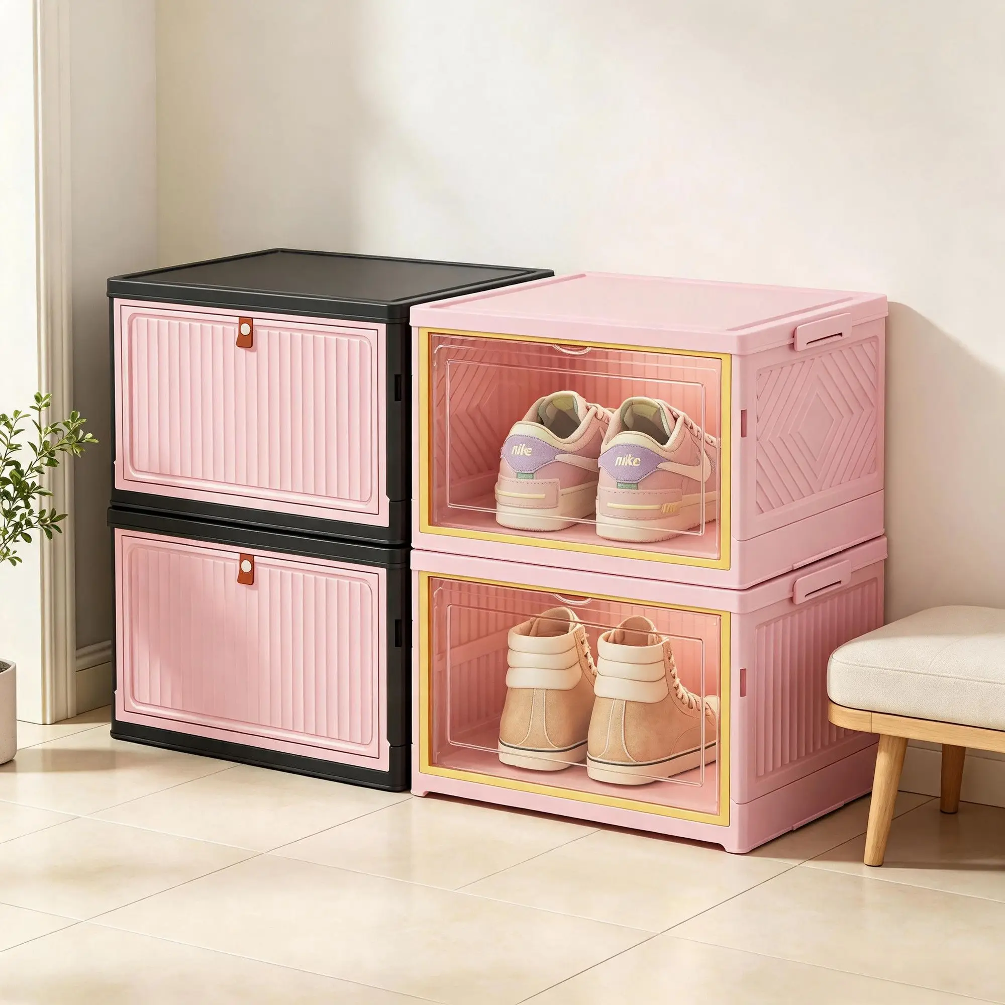 Foldable Shoe Storage Box Stackable Plastic Shoe Organizer With Clear Door Pink Black Shoe Container For Closet Entryway Bedroom