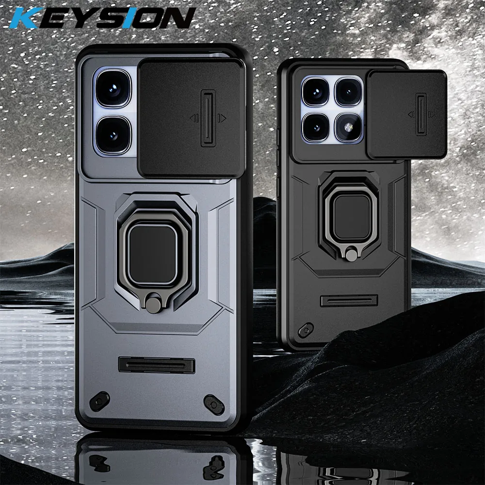 KEYSION Shockproof Armor Case for Xiaomi 14T 14T Pro 5G Slide Camera Protection Ring Stand Phone Back Cover for Redmi K70 Ultra