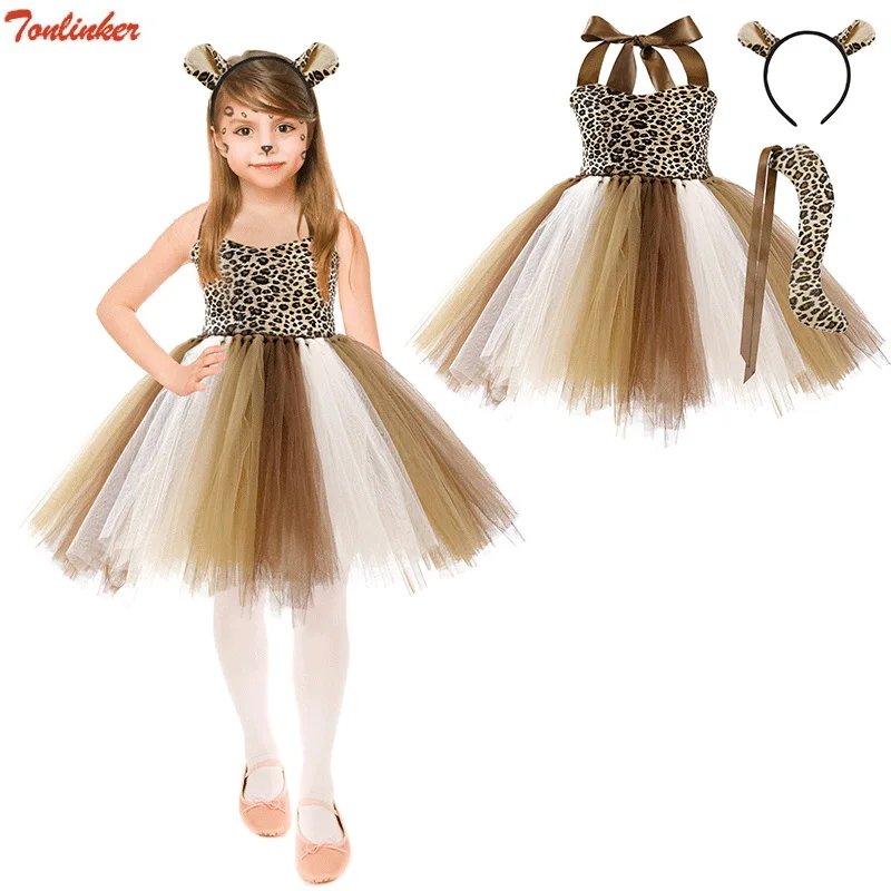 

Halloween Child Animal Cosplay Costume Girls Leopardr Nylon Mesh Tutu Dress Headdress Tail Set Kids Birthday Party Fancy Dresses