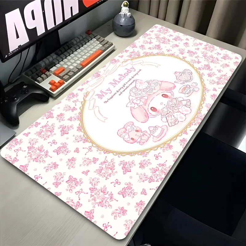 Alfombrilla de ratón de fresa blanca para ordenador portátil de oficina, alfombrilla de ratón Kawaii de Anime rosa para PC, Alfombra de teclado de gabinete de jugador XXL, Alfombra de escritorio extendida My Melody