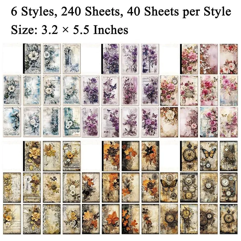 240Pcs Maillard Style Scrapbook Paper For Junk Journal Supplies, Vintage Flower Decoupage Paper For Journaling Kit