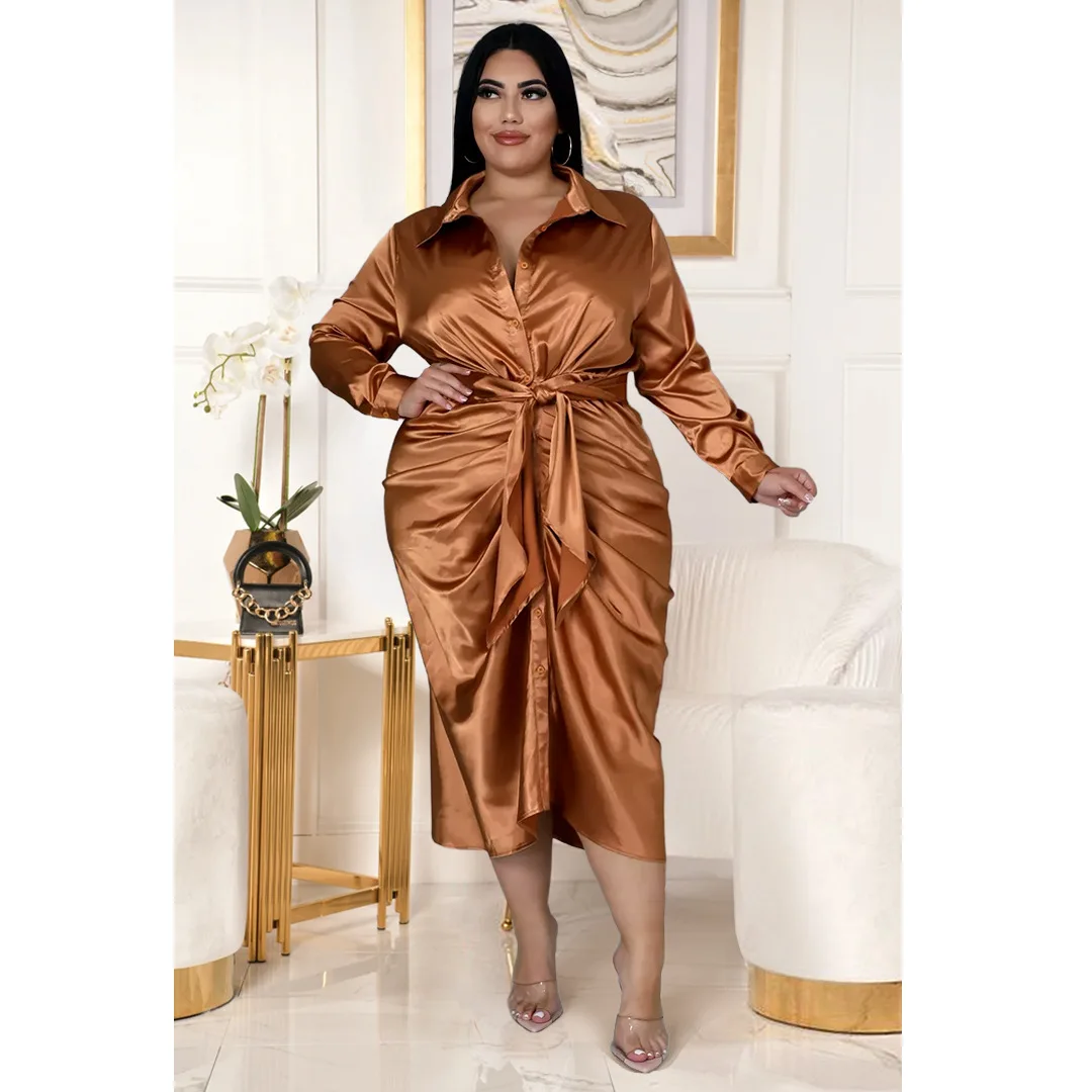 

Plus Size Satin Elegant Dress Female Ruched Long Sleeve Clothing Lady Luxury Chubby Robe 2023 Autumn Party Pretty Women Dress