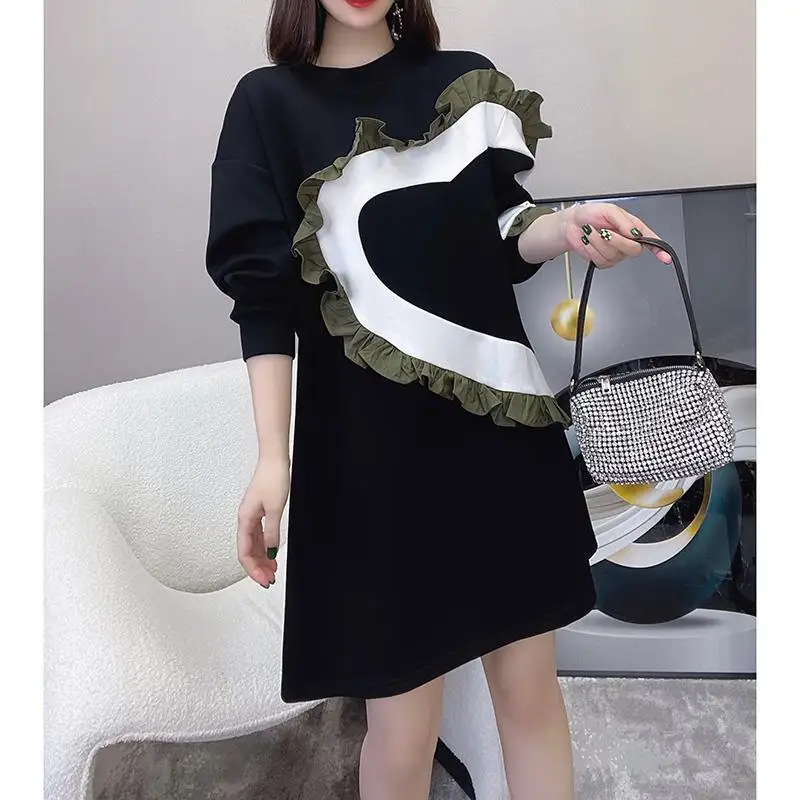 Design Sense Contrasting Colors Heart-shaped Ruffle Edge Splicing T-shirt Dress Women's Autumn European Goods New Short Dresses